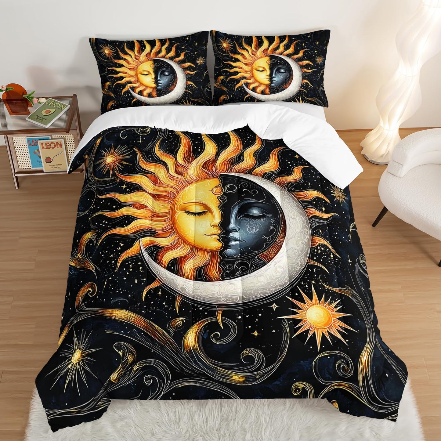 Sun and Moon Bedding Set King Size,Yellow Galaxy Celestial Bedding for Kids Boys Girls Teens Room Boho Decor,Black and Yellow Fluffy Comforter Sets with 2 Pillowcases.