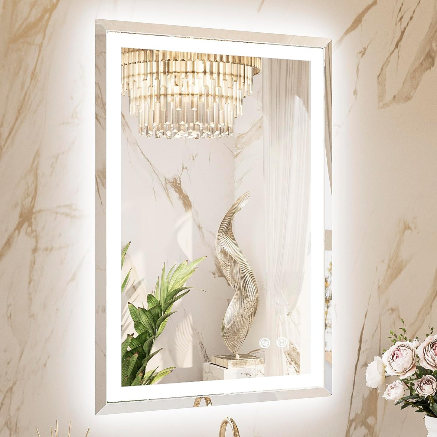 TETOTE Led Lighted Bathroom Mirror with Beveled Edge, 24 x 36 Inch Frontlit & Backlit Bathroom Vanity Anti-Fog Mirror with Extra-Bright Lights, 3-Color Dimmable, Tempered Glass, Waterproof