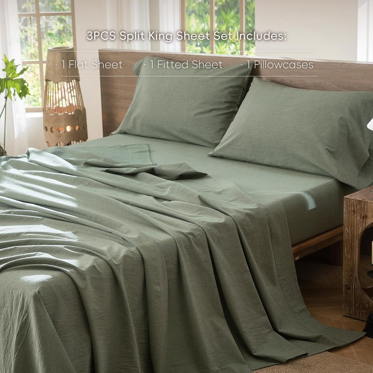 MooMee Bedding Sheet Set 100% Washed Cotton Linen Like Textured Breathable Durable Soft Comfy (Heathered Green, Twin)