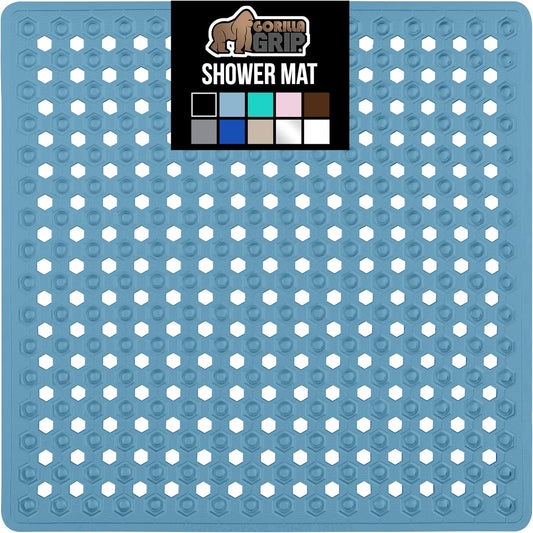 GORILLA GRIP Patented Square Shower Stall Mat, Small Bathtub Floor Mats for Stand Up Showers, Suction Cups and Drain Holes, Machine Wash, Soft on Feet, Bathroom Accessories 21x21 Inch, Sky Blue Opaque