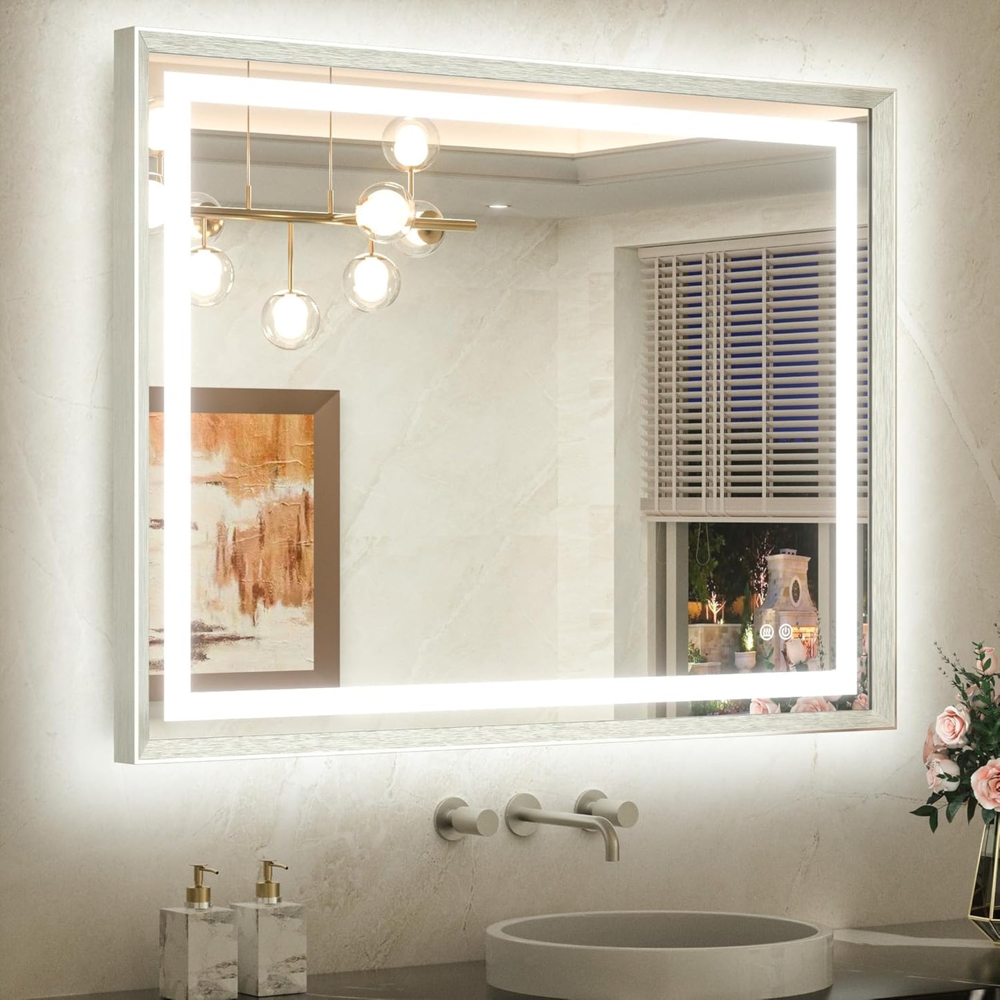 TETOTE 40 x 32 Led Mirror Brushed Nickel Metal Frame Frontlit & Backlit Vanity Mirror Anti-Fog Stepless Dimmable 3 Colors White/Warm/Natural Wall Mirror with Lights Wall-Mounted