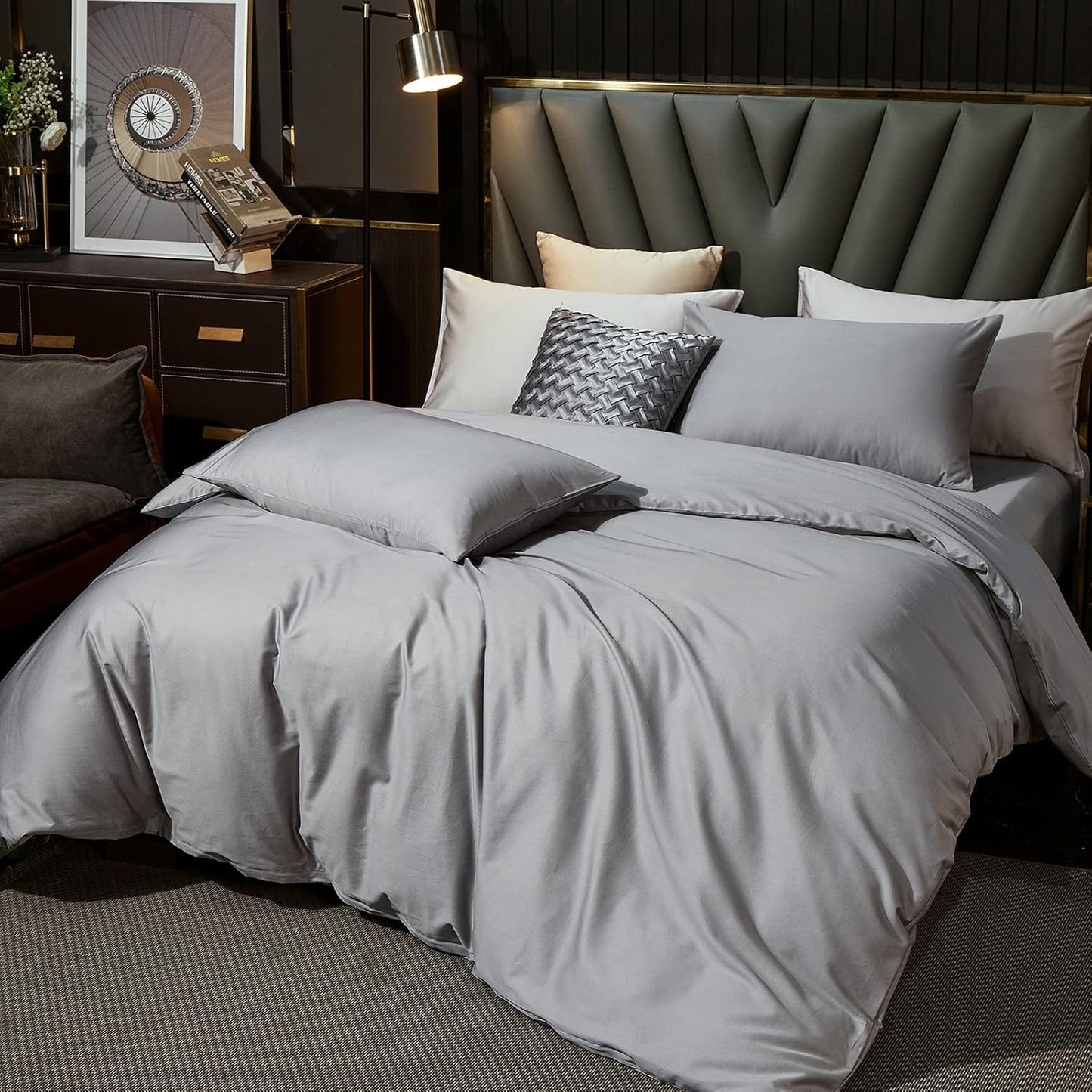 MooMee Duvet Cover Set 100% Extra Long Staple Cotton 600 Thread Count Silky Sateen Smooth Luxury Soft Breathable Durable Hotel Quality Bedding, 3 Pieces (Light Gray, King 104"x90")