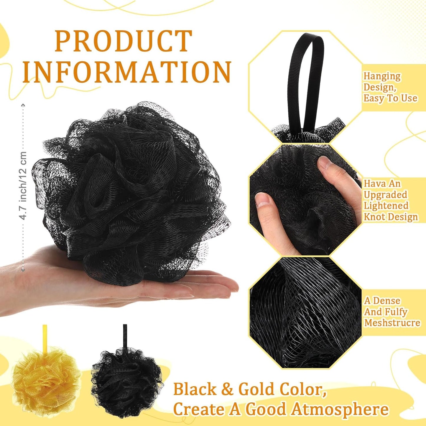 12 Pcs Halloween Bath Loofah Sponge Orange Black Loofah Exfoliating Body Scrubber Shower Sponge 50g Mesh Shower Pouf Balls Gift Set for Women Men Wedding Bathing Accessories(Gold and Black)