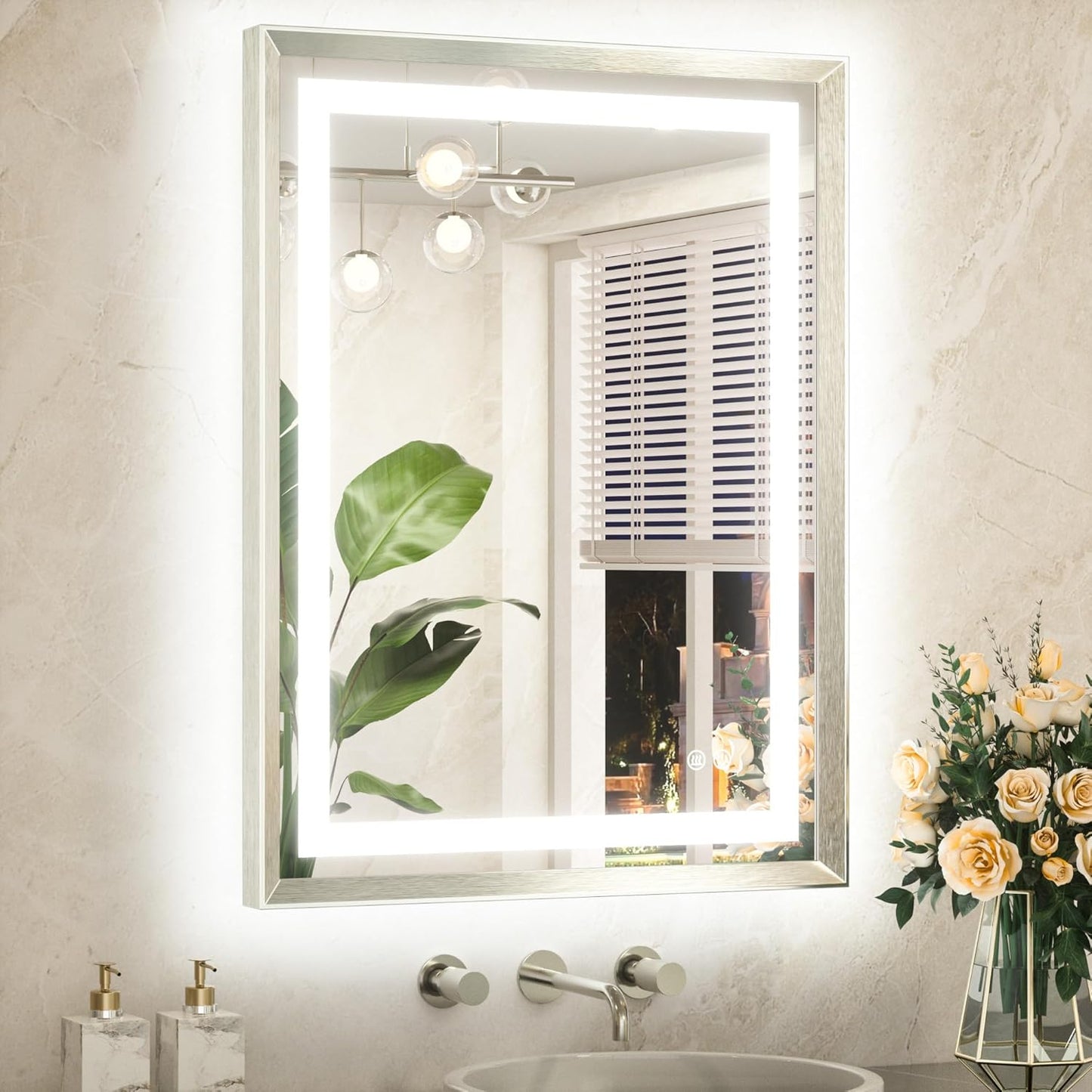 TETOTE 24 x 32 Bathroom LED Mirror Brushed Bright Nickel Metal Frame Frontlit & Backlit Vanity Mirror Anti-Fog Stepless Dimmable 3 Colors White/Warm/Natural Mirror with Lights Wall-Mounted