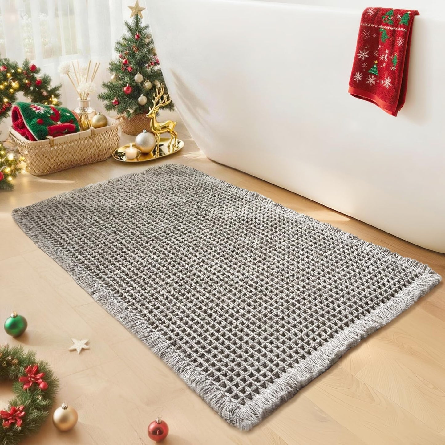 Waffle Bath Mat - Boho Bathroom Rugs Non Slip Washable, Super Absorbent & Quick Dry, Small Bath Mats Farmhouse Bathroom Decor, 18'' x 30'', Light Grey