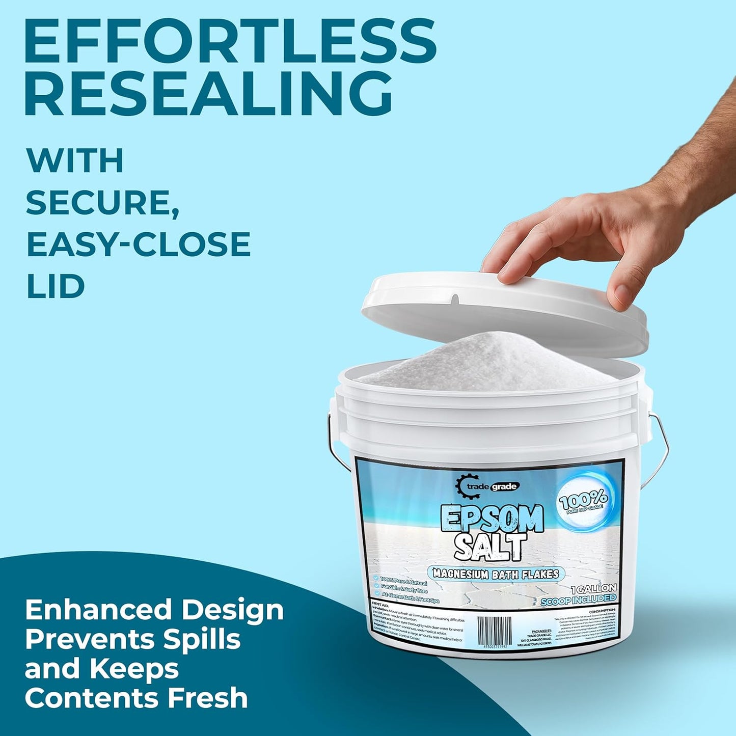 TradeGrade Epsom Salt – Pure Magnesium Sulfate for Soaking & Relaxation – Muscle Recovery, Wellness & Stress Relief – Includes Bucket with Scoop (1 Gallon)