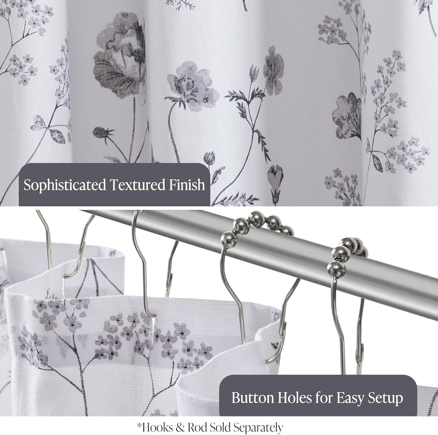 Martha Stewart Martha's Garden Shower Curtain Botanical Floral Print Cotton Shower Curtain for Bathroom, Spa Quality Modern Shower Curtains Standard Size, 72x72 Black