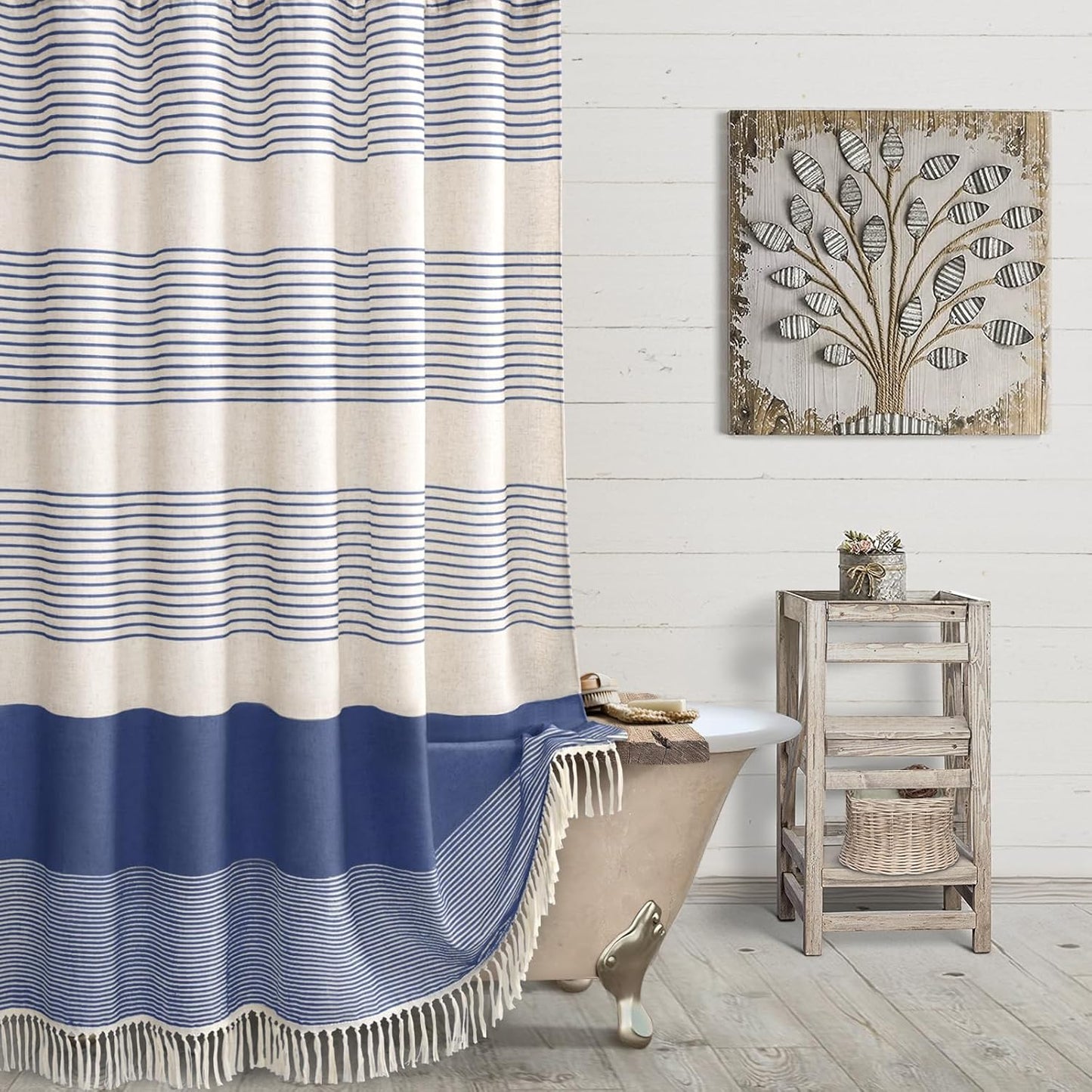 Awellife Blue Farmhouse Shower Curtains for Bathroom,Boho Flax Texture Striped Shower Curtain with Tassels Linen 72x72