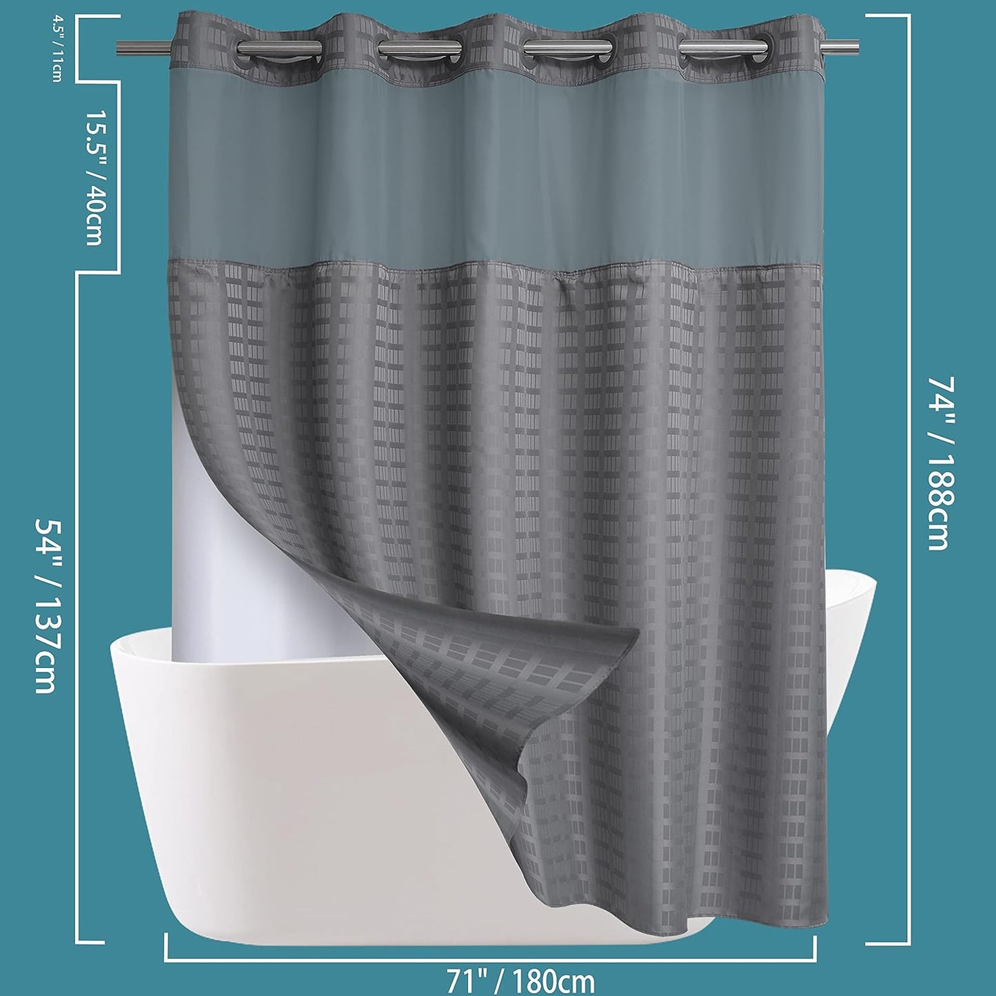 Conbo Mio No Hook Shower Curtain with Snap in Liner Set, Hotel Luxury Grey Shower Curtains for Bathroom with See Through Top Window, Waterproof, Washable 71W x 74H