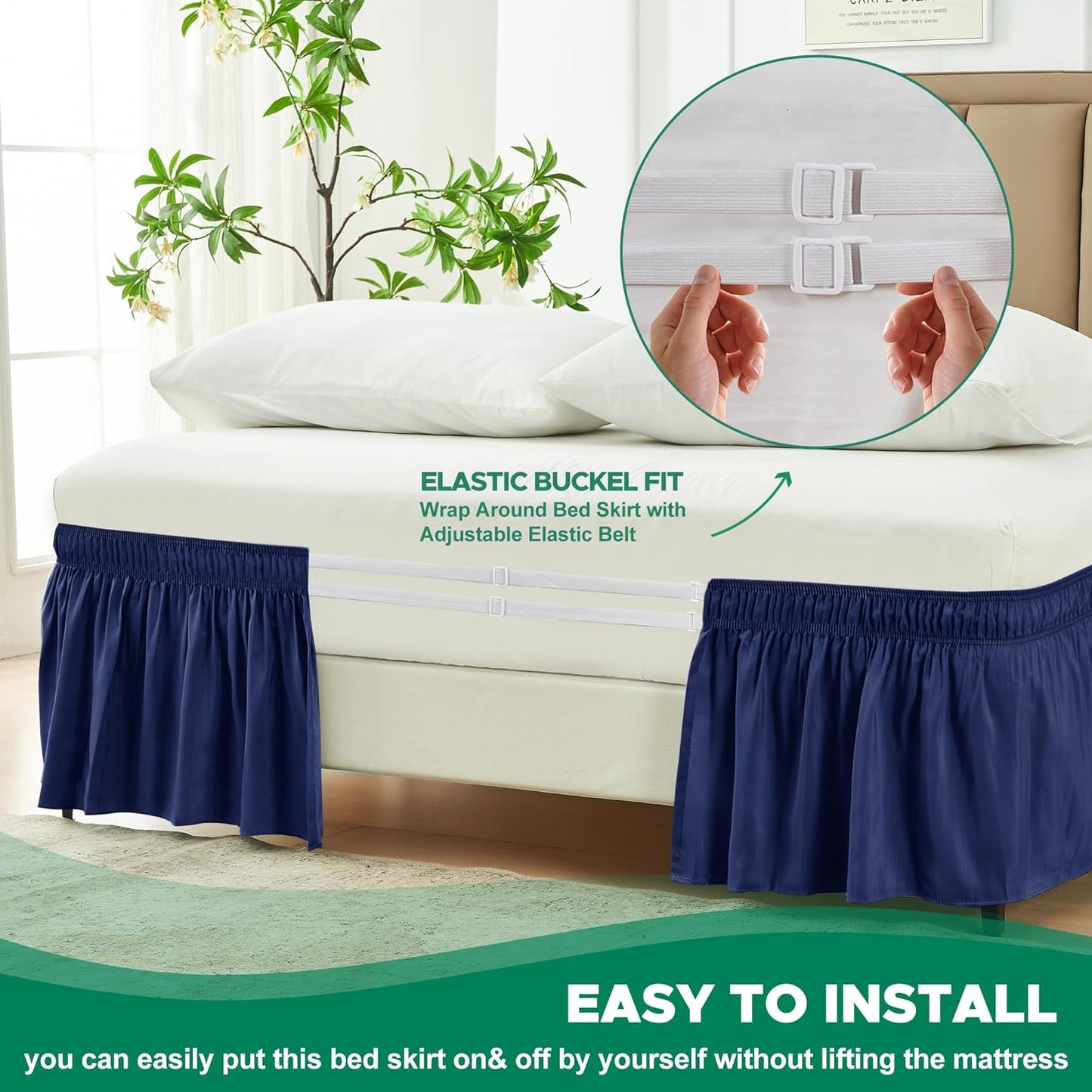 Biscaynebay Wrap Around Bed Skirts for King & Cal King Beds 16" Drop, Navy Adjustable Elastic Dust Ruffles Easy Fit Wrinkle & Fade Resistant Silky Luxurious Fabric Solid Machine Washable