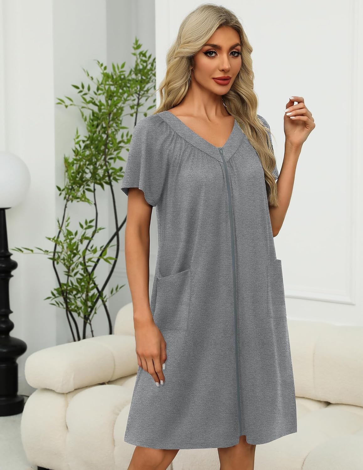 Ekouaer Women Robe Zipper Front Mumu Duster Robes Zip Up Housecoat Soft Sleepwear with Pockets S-3XL