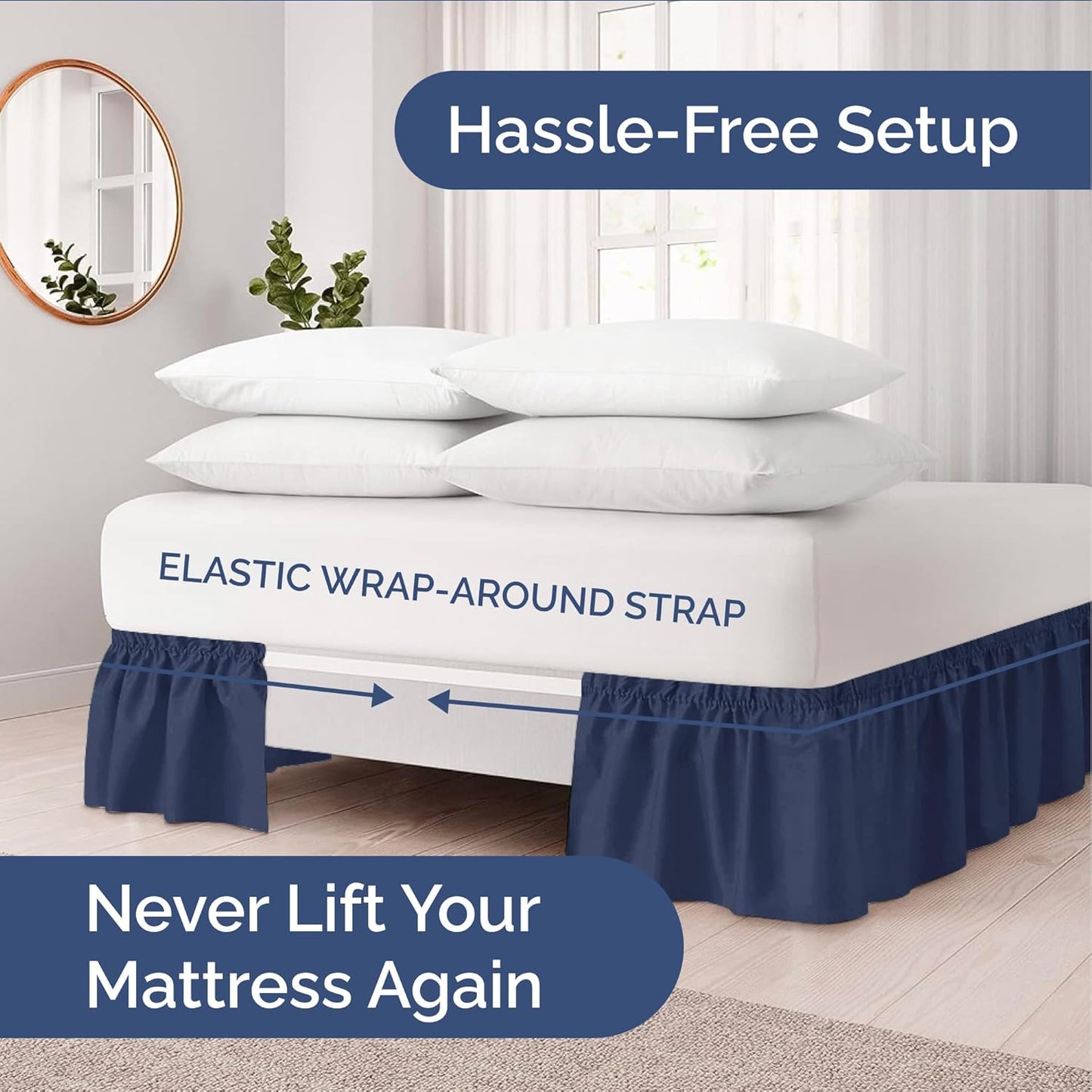 Wrap Around Dust Ruffle Bed Skirt - Navy Blue - for Full Size Beds with 12 Inch Drop - Elastic Strap - Adjustable Pleated Bedskirt with Brushed Fabric and Wrinkle Free - for Women, Men, Kids & Teens