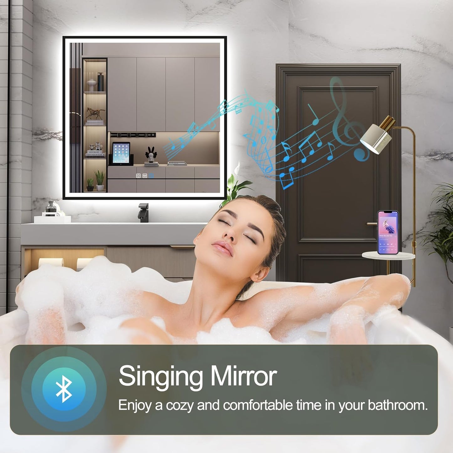 S·BAGNO 36''x36'' LED Bathroom Mirror with Lights, Bathroom Vanity Wall Mirror with Buletooth, Anti-Fog, Stepless Dimmable, 3 Colors, Tempered Glass Lighted Vanity Mirror for Bathroom