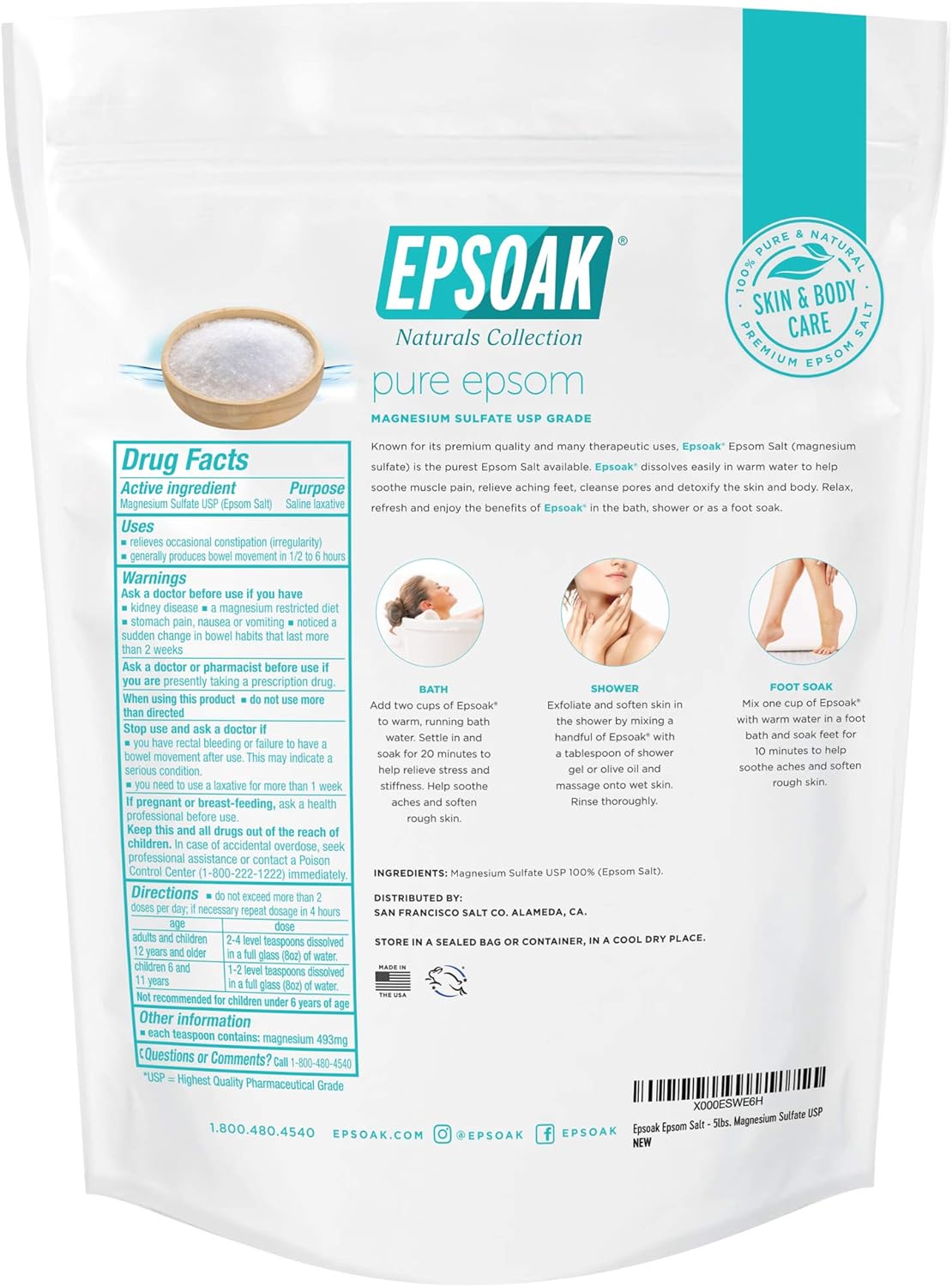 Epsoak Epsom Salt – 10 lb (Two 5 lb Resealable Bags), Magnesium Sulfate USP, Unscented, Made in USA, Perfect for Bath, Spa, and Soaking