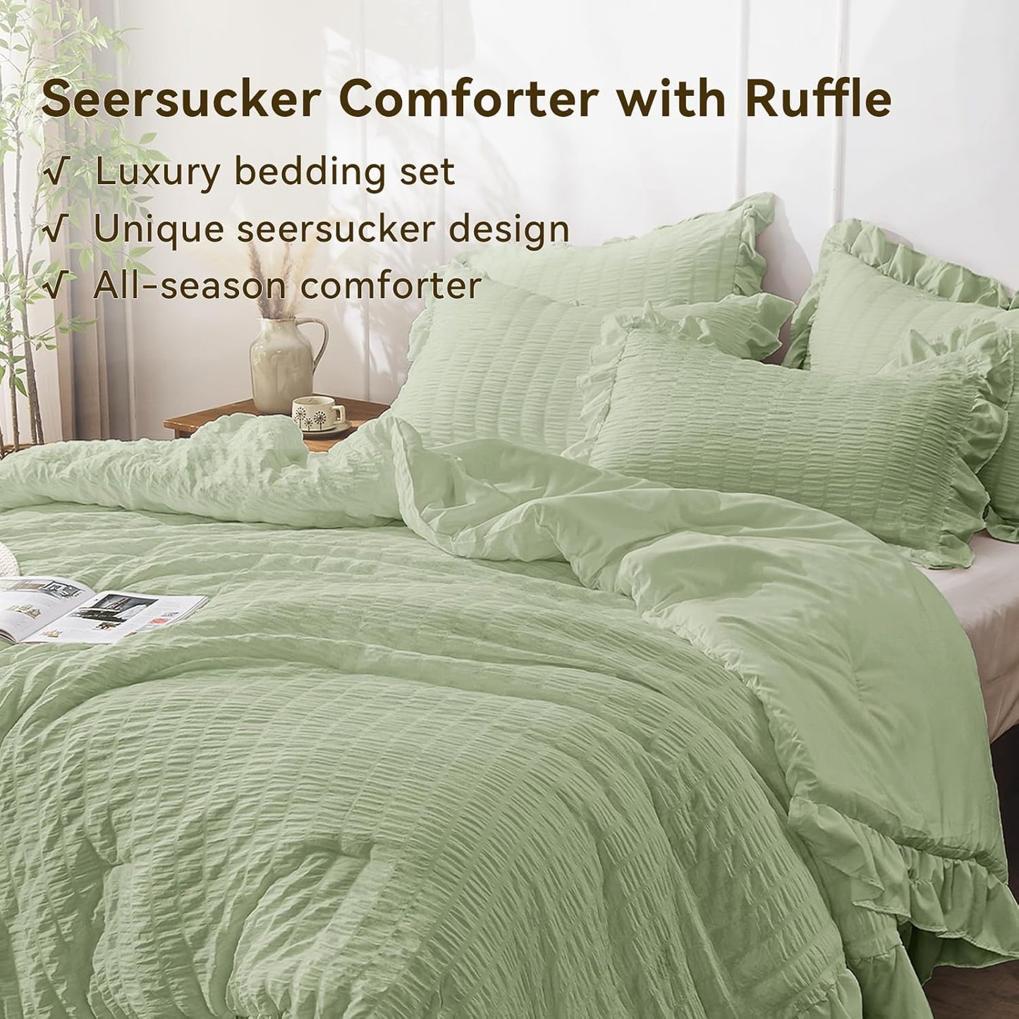 JOLLYVOGUE Sage Green Comforter Full Size, 3 Pieces Seersucker Lightweight Full Size Bedding, All Season Fluffy Microfiber Bedding Comforter Set with 1 Ruffle Comforter and 2 Ruffle Pillowshams