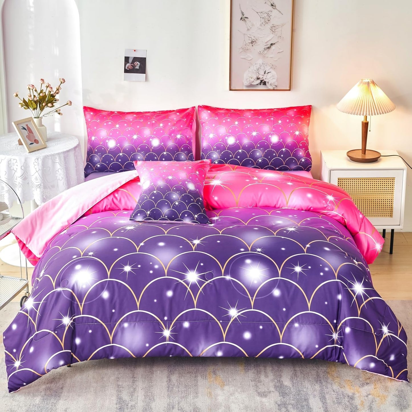 URBONUR Pink Purple Twin Comforter Set 6 Pieces Glitter Colorful Kids Girls Bedding Set (1 Comforter,1 Flat Sheet,1 Fitted Sheet,2 Pillowcases,1 Square Cover)