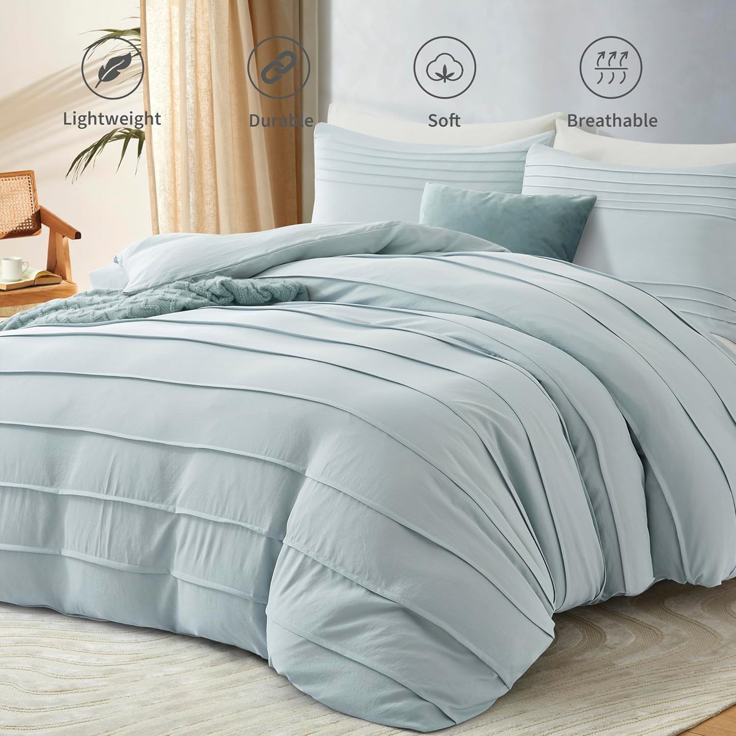Oli Anderson Cornflower Blue Duvet Cover King Size - Pleated King Duvet Cover, 3PCS Soft and Breathable Textured Bedding Set with Zipper Closure(Cornflower Blue,104"x90")