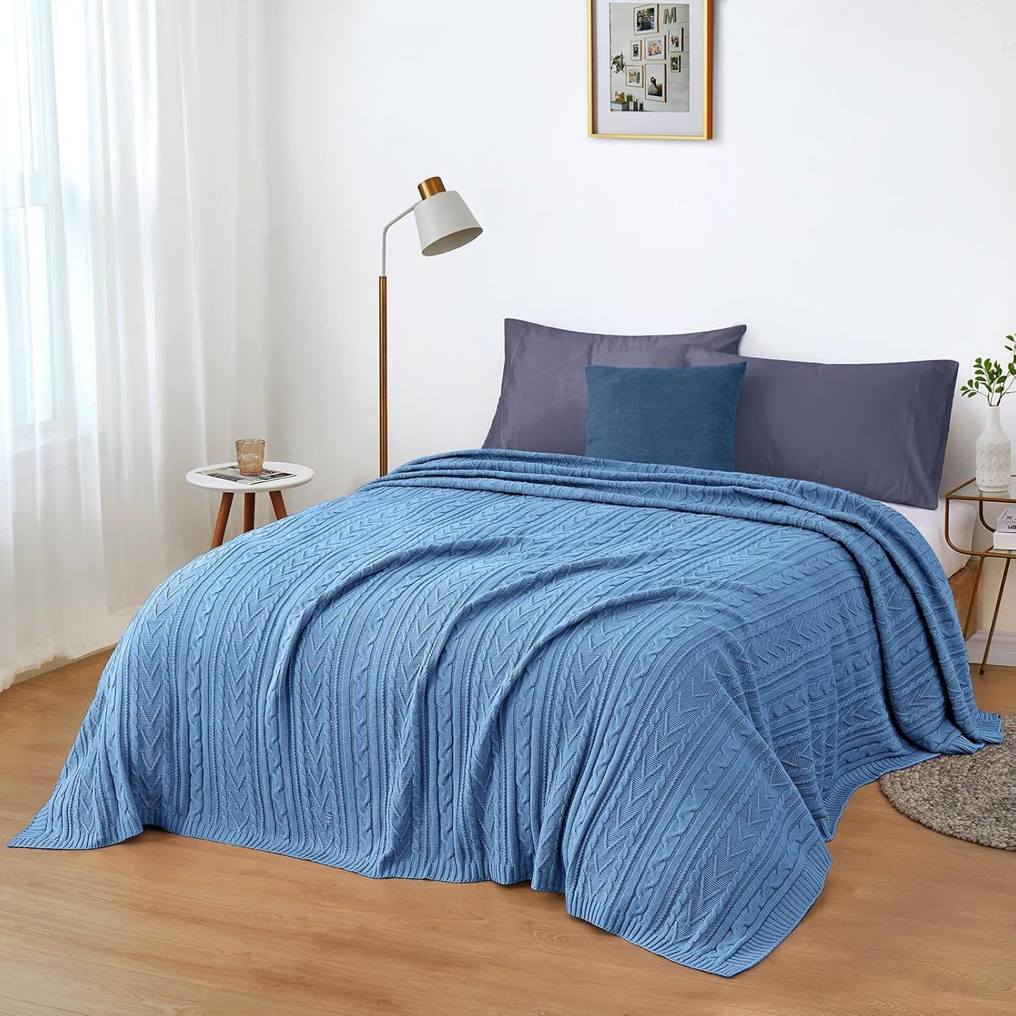 Aormenzy Dusty Blue Cable Knit Throw Blanket Queen Size for Bed Couch Sofa, Super Soft Cozy Knitted Blanket 90" x 90" Bed Blankets Full Size