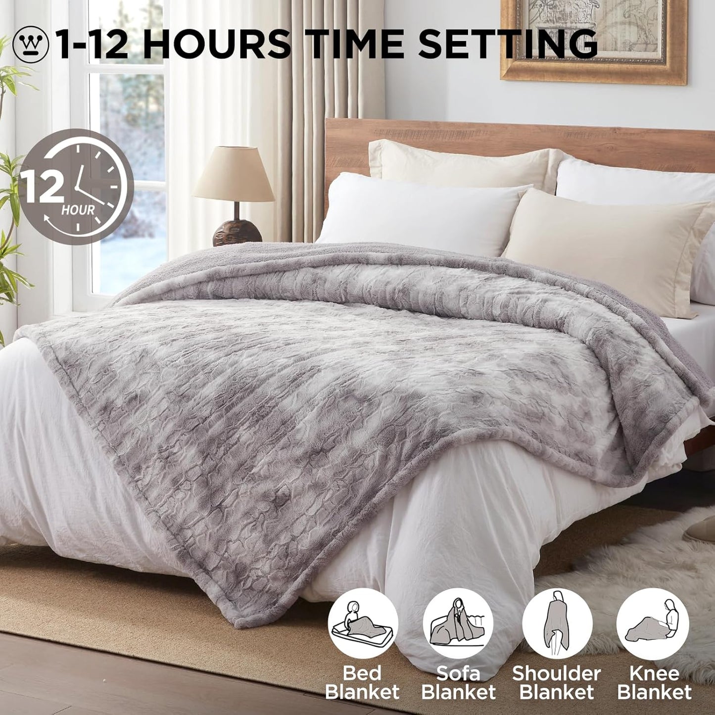 Westinghouse Electric Blanket Twin, Faux Fur Heated Blanket with 10 Heating Levels & 1-12 Hours Auto Off, Soft Cozy Sherpa Heated Blanket Washable Blanket (62" x 84" Twin Size, Light Grey)