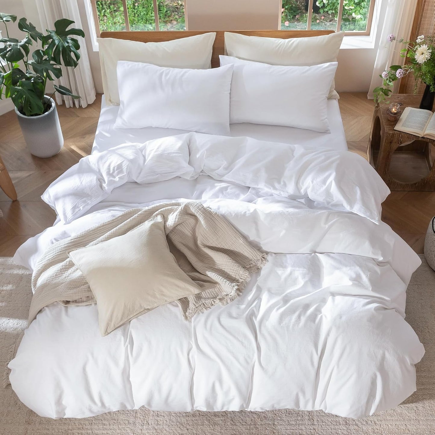 MooMee Bedding Duvet Cover Set 100% Washed Cotton Linen Like Textured Breathable Durable Soft Comfy (Solid Bright White, Oversized Queen 98"x98")