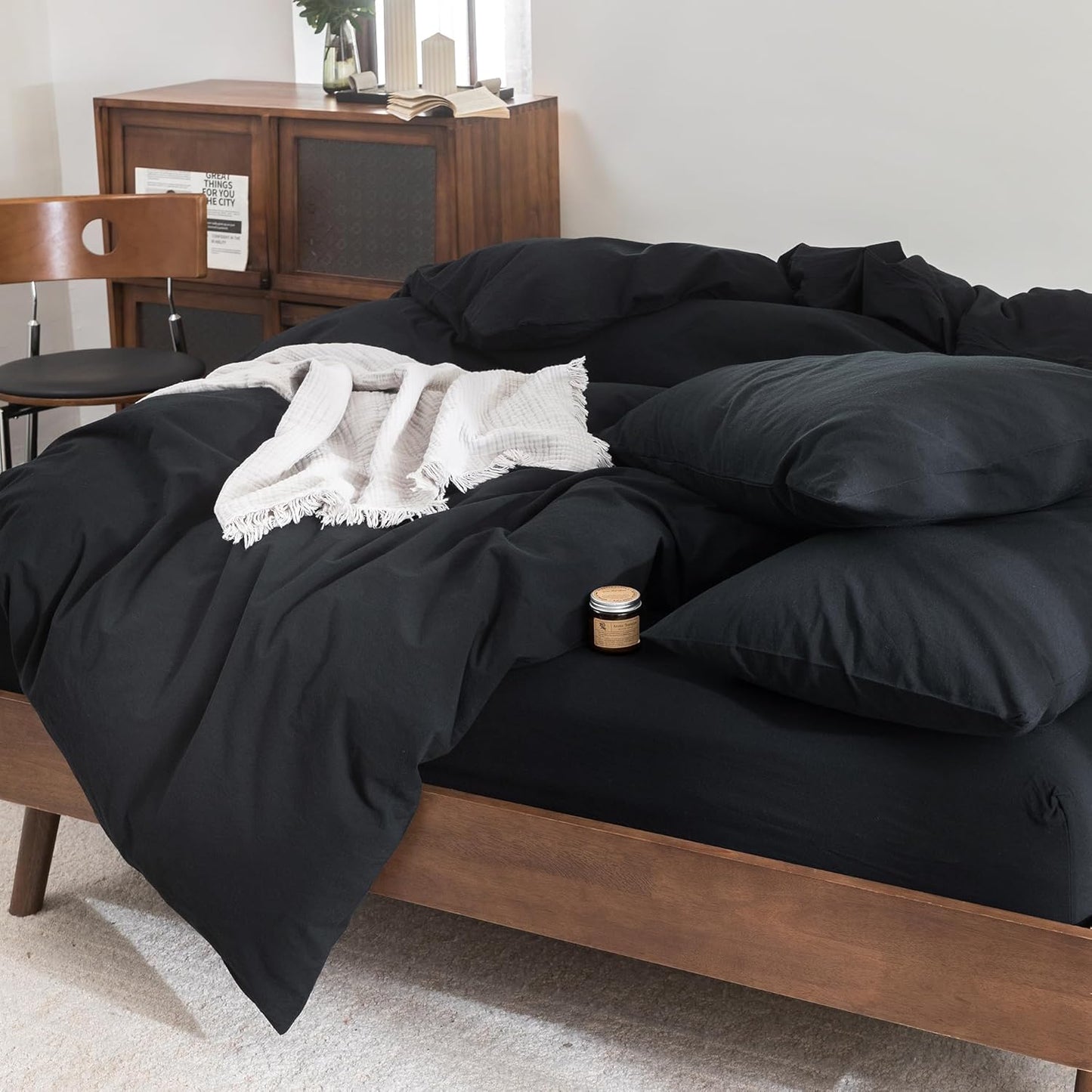 FOSSA Duvet Cover Set 100% Washed Cotton Linen Feel Super Soft Breathable Cozy 3 Pieces Bedding Sets Solid Black Oversized Queen