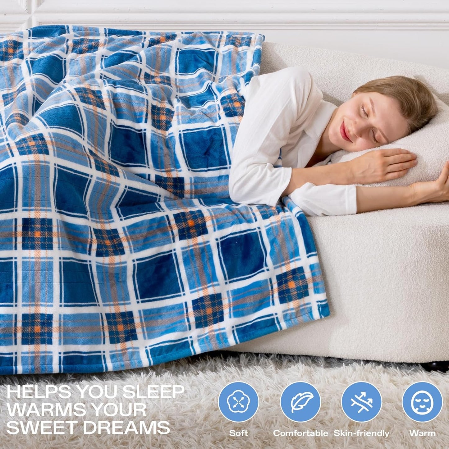 Heated Blanket Electric Throw, Heating Throw with 8 Hours Auto Off & 8 Fast Heating Levels, Blue White Plaid Checkered Sherpa Blanket Warmer for Adults, Washable Blanket Gift for Couch Bed (50x60 In)