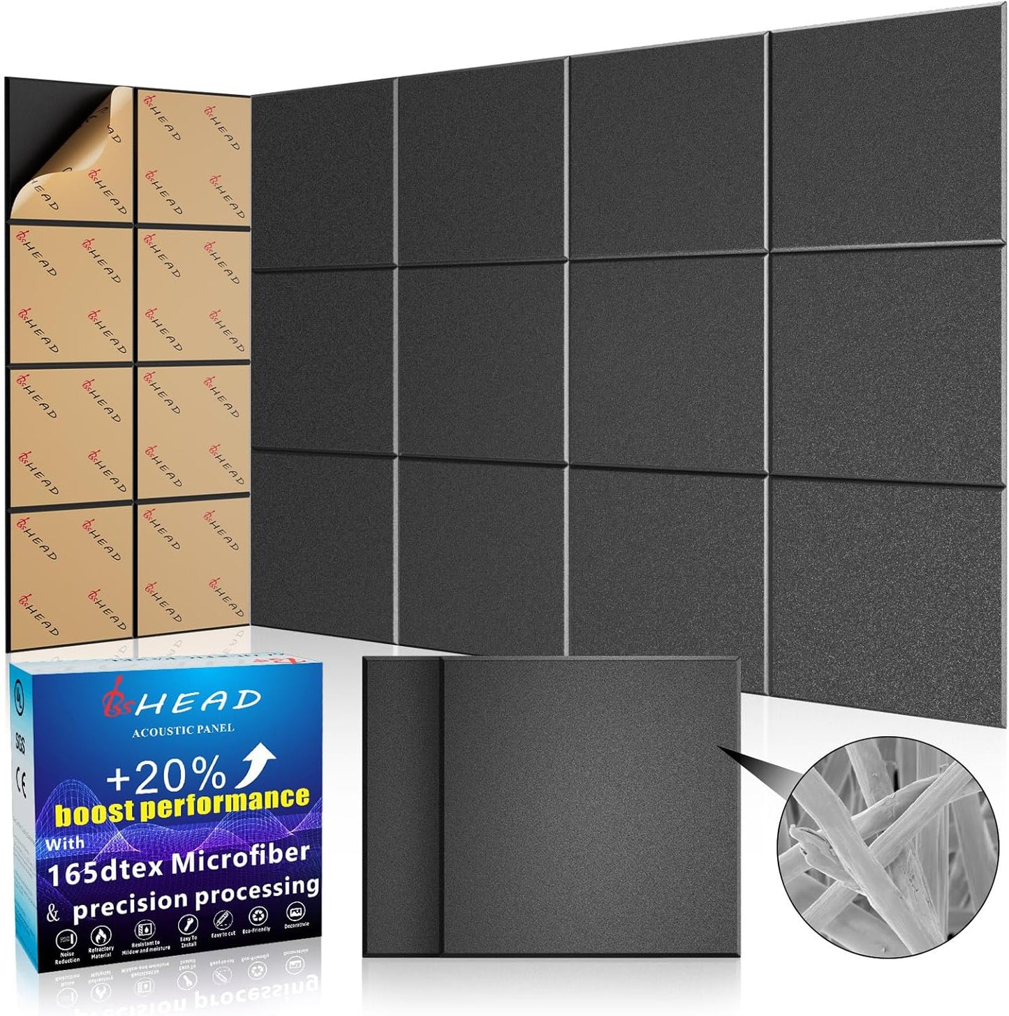 15 pcs 165dtex Microfiber Acoustic Panels ，Self-Adhesive Soundproof Wall Panels, 12 x 12 x 0.4 in Sound Proof Foam Panels for Walls, High Density, Noise Dampening Panels for Home Studio（Black）
