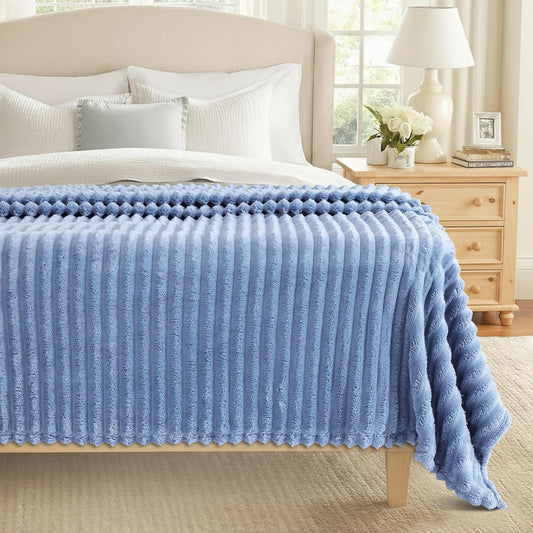 decorUhome Christmas Soft Fleece Blue Grey Blanket Queen Size for Bed, Cozy Fluffy Plush Flannel Large Striped Throws for Couch Sofa, Lightweight Decorative Fuzzy Blanket for Woman, 90x90 Inches