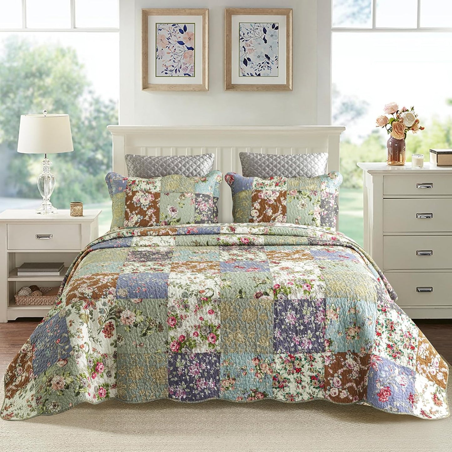 YAYIDAY Quilt King Size Patchwork Bedspread Set - 100% Cotton Reversible Breathable Floral Quilted Quilt with Pillow Shams Fit All Season