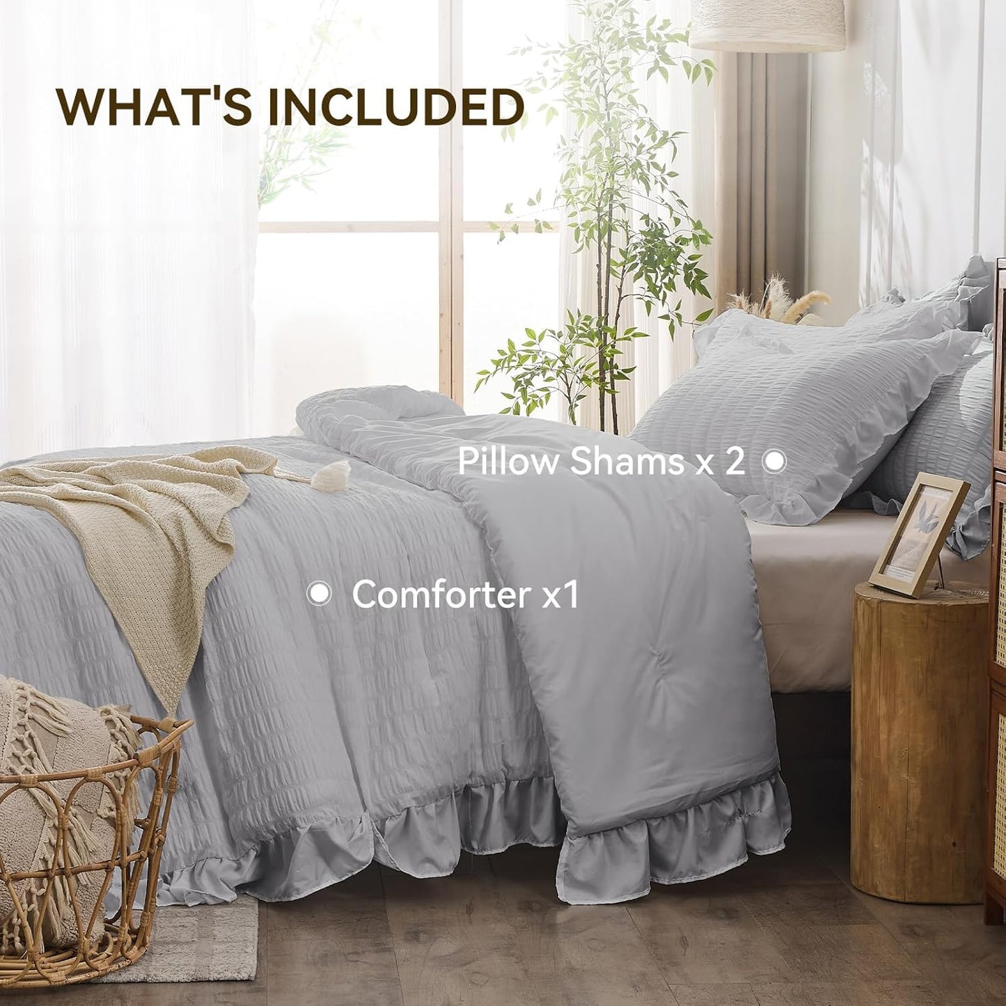 JOLLYVOGUE Light Grey Queen Comforter Set, 3 Pieces Seersucker Comforters Queen Size, Lightweight & Fluffy Bedding Sets Queen for All Season with 1 Ruffle Comforter and 2 Ruffle Pillowshams