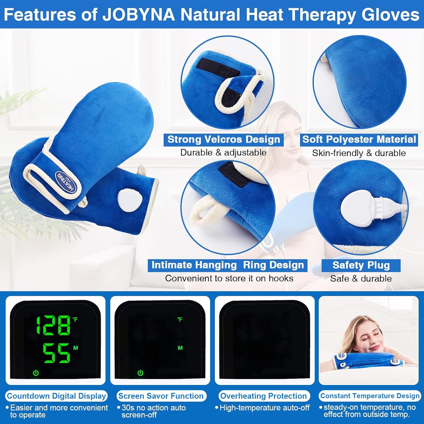 JOBYNA Heating Pad for Hands & Wrists, 2 PCS Hand Heated Mittens for Carpal Tunnel Relief, Arthritis Hands, Trigger Finger, Heated Gloves with 30/60/90min Timer, 86-158℉ Adjustable Temperature