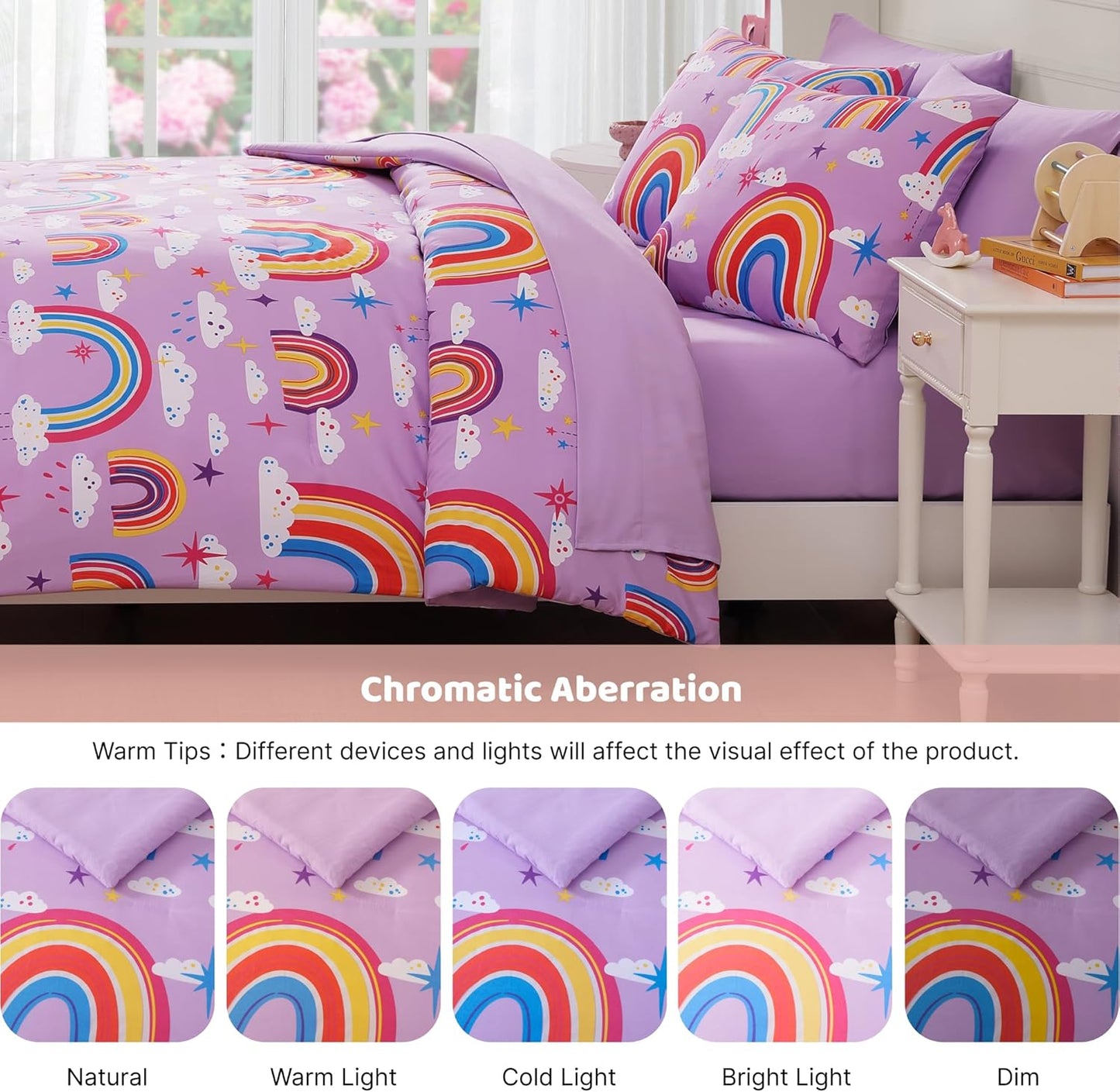 Full Size Comforter Set for Girls-7 Pieces Purple Rainbow Glow in The Dark Full Bedding Sets for Kids, Ultra Soft Bed in A Bag with Sheets
