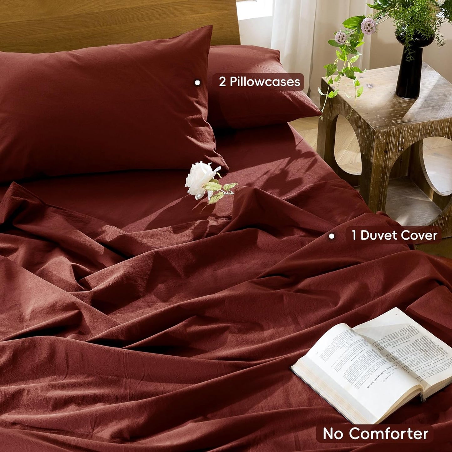 MooMee Bedding Duvet Cover Set 100% Washed Cotton Linen Like Textured Breathable Durable Soft Comfy (Solid Fired Brick Red, King 104"x90")