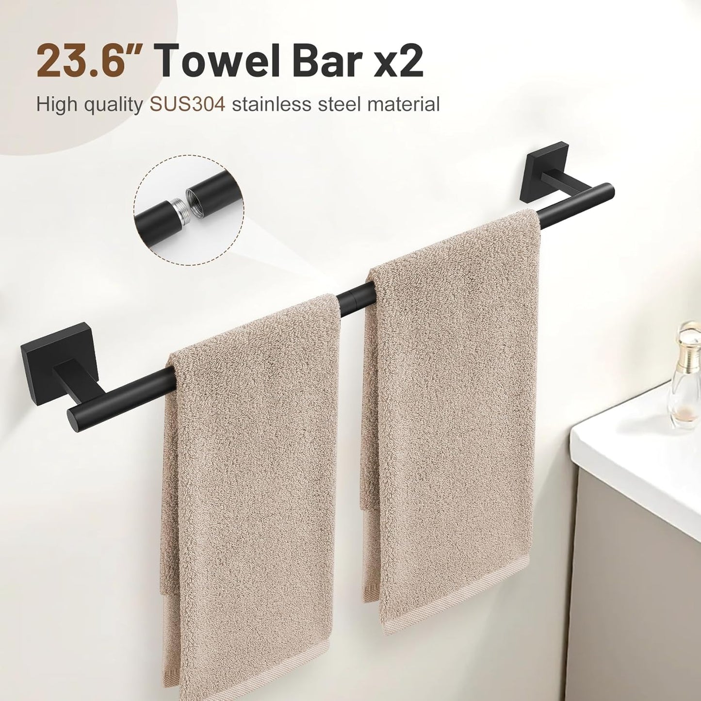 10 Pieces Black Towel Bar Set, 23.6 Inch Bathroom Accessories Set SUS304 Stainless Steel Bathroom Hardware Set Towel Racks for Bathroom Wall Mounted.
