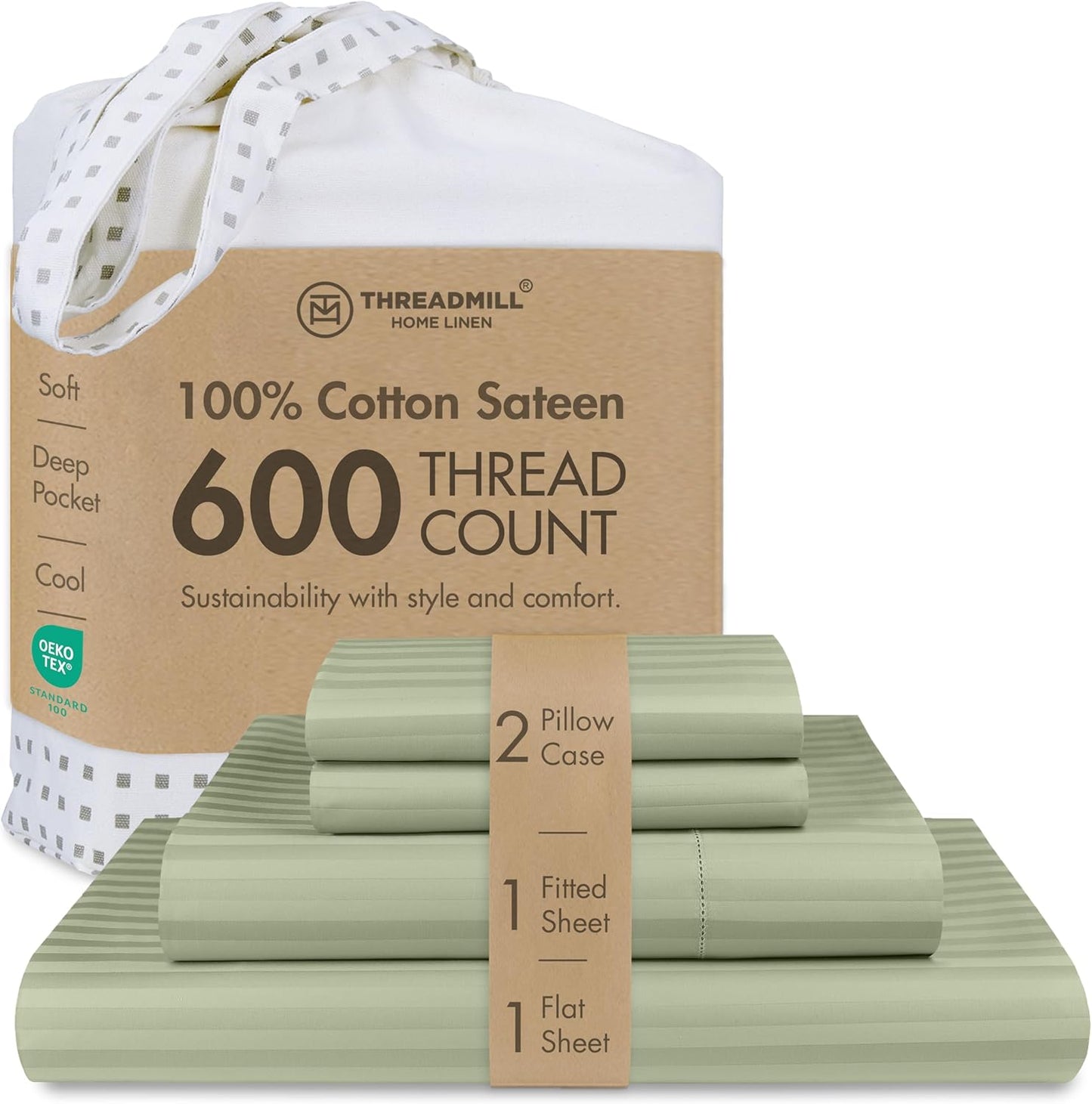 Threadmill 100% Cotton Sheets for Full Size Bed - 600 Thread Count Full Bed Sheets Set with 16” Deep Pocket - Damask Stripe Sateen Weave 4-Piece Bedding Set with Cooling Effect, Sage Green