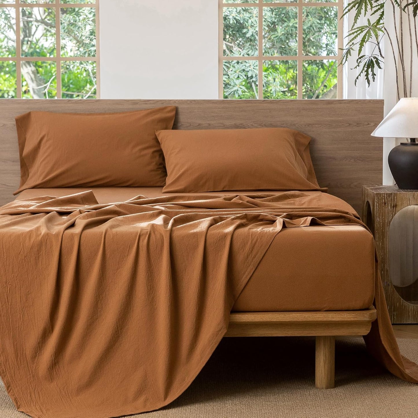MooMee Bedding Sheet Set 100% Washed Cotton Linen Like Textured Breathable Durable Soft Comfy (Solid Dark Orange, Queen)