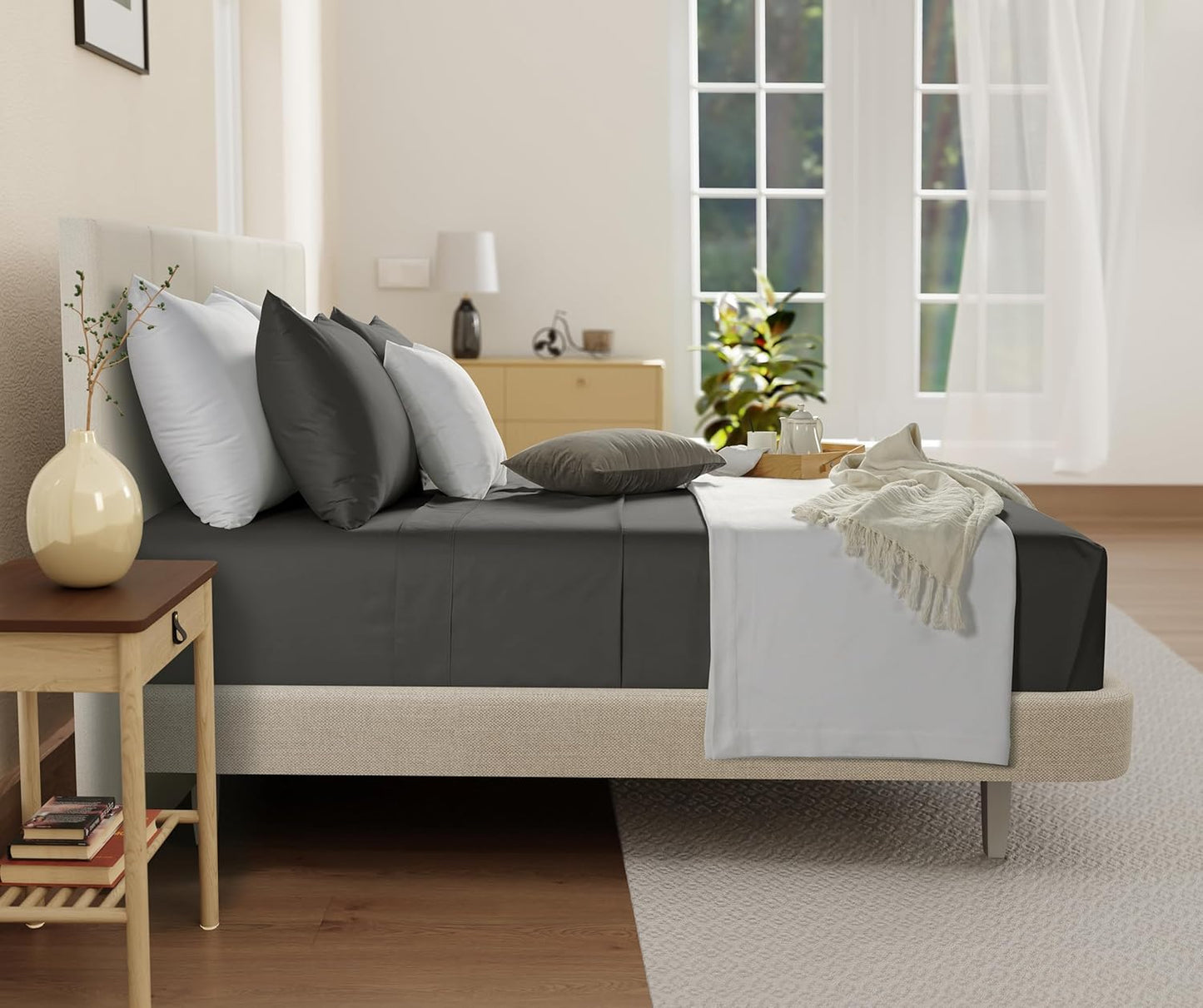 100% Cotton Sheets King Size Sheets Set with Fitted Sheet & Pillowcase Sets, Sateen Weave 4 piece Deep Pocket King Sheet Set, Soft & Comfy Naturally Cool Luxury Bedding- Charcoal