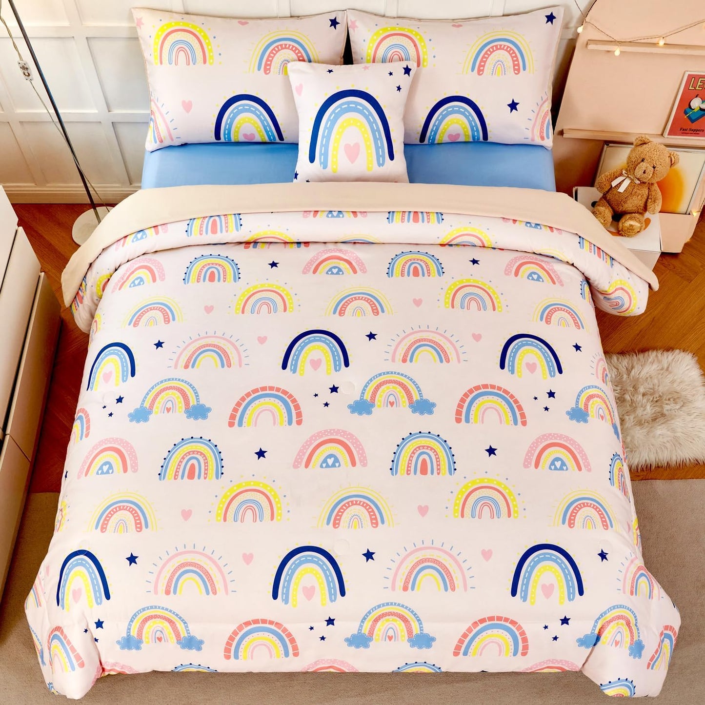 ANGIYUIN 6Pcs Beige Rainbow Queen Comforter Set Cartoon Rainbow Love Hearts and Stars Girl Bedding Set for Kids Girls Cute Soft Kid Bed in A Bag with Rainbow Comforter, Sheets, Pillowcases