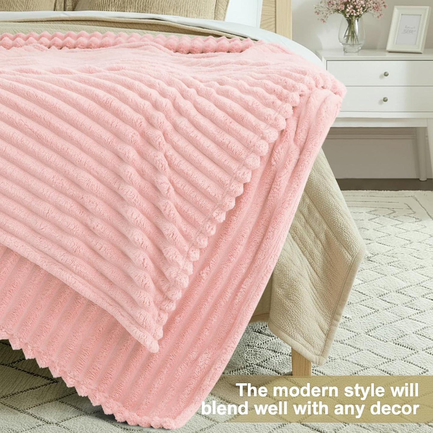 decorUhome Christmas Soft Fleece Pink Blanket King Size for Bed, Cozy Fluffy Plush Flannel Large Striped Throws for Couch Sofa, Lightweight Decorative Fuzzy Blanket for Woman, 108x90 Inches