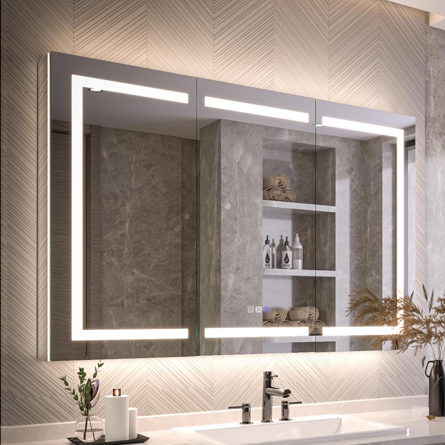 Lighted Medicine Cabinet with Mirror 54"x36" Recessed LED Medicine Cabinet Mirror, Front&Backlit, Anti-Fog, Stepless Dimming, 3-Color Temperatures, Magnifier, 2 Outlets, Storage Shelves, ETL Certified