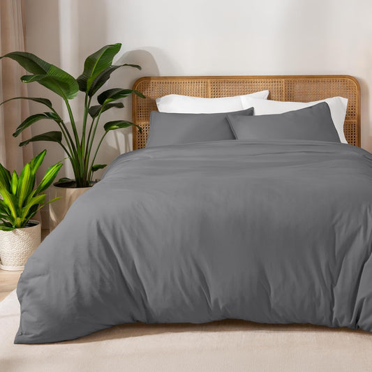 Bare Home 100% Organic Cotton Jersey Duvet Cover Set - Extra Long Size - Ultra Soft - 100% Cotton - 2pcs - Corner Ties - Button Closure - Bedding Duvet Cover & Pillow Shams (Twin/Twin XL, Grey)