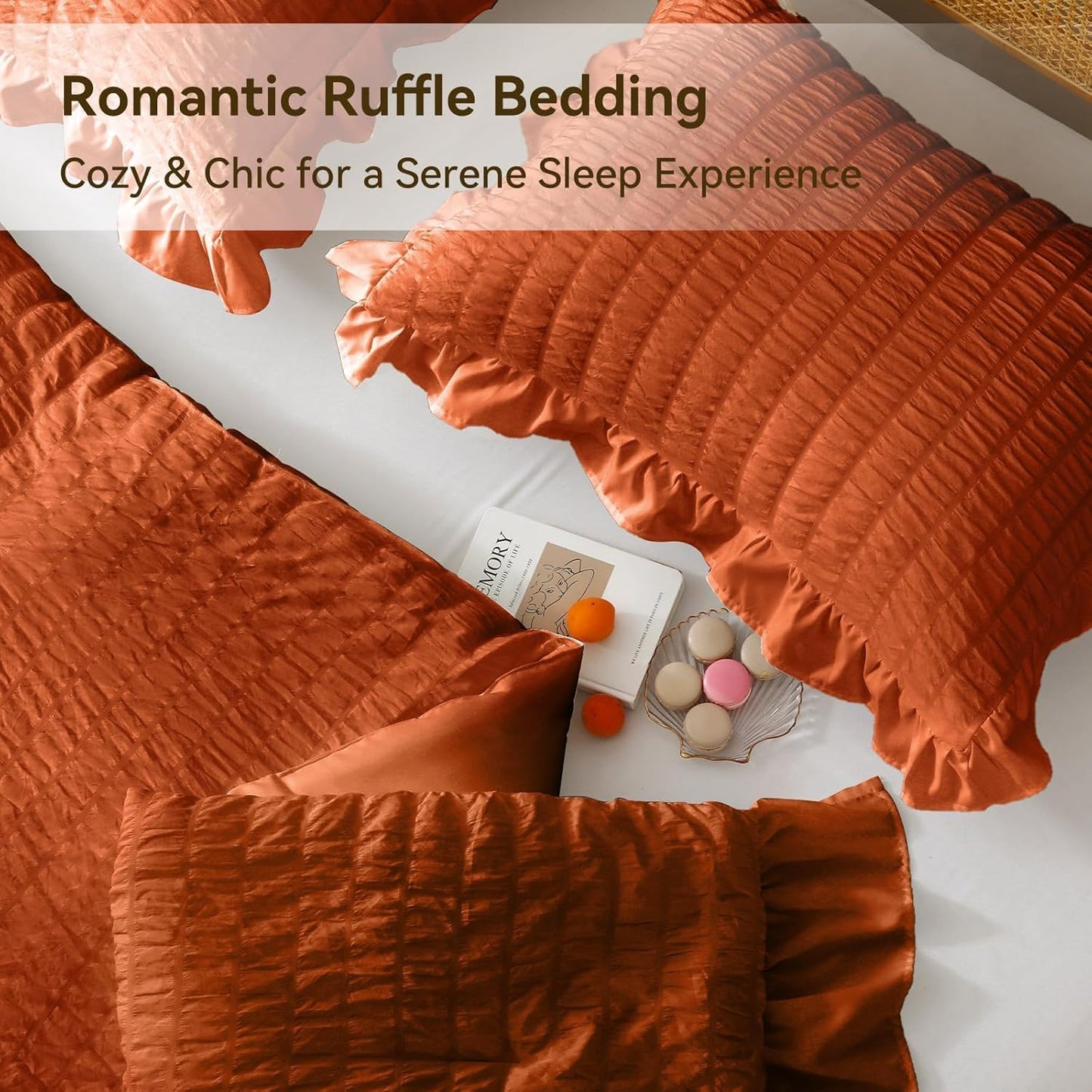 JOLLYVOGUE Burnt Orange Comforter Full Size, 3 Pieces Seersucker Lightweight Full Size Bedding, All Season Fluffy Microfiber Bedding Comforter Set with 1 Ruffle Comforter and 2 Ruffle Pillowshams