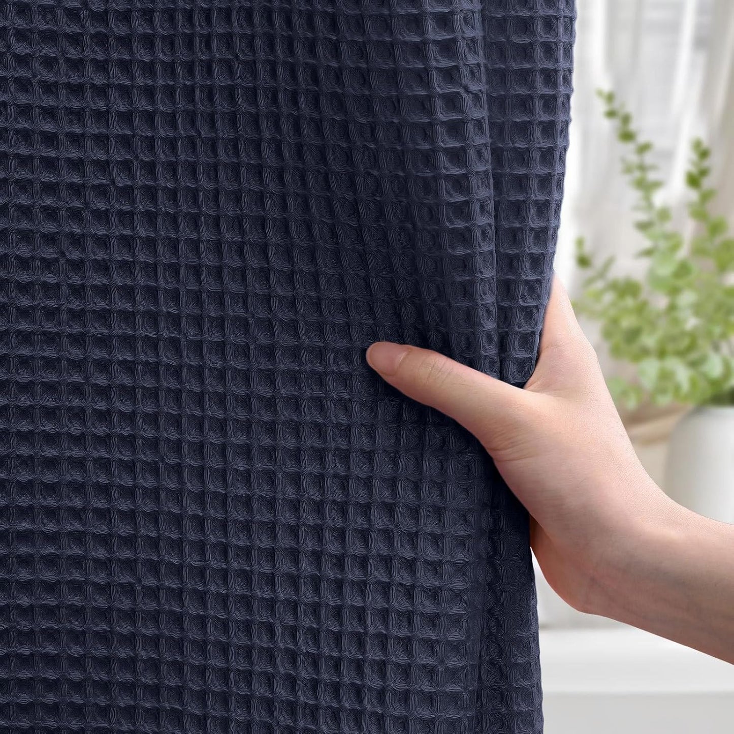 Stall Waffle Shower Curtain - Navy Blue Cotton Fabric Texture Heavyweight Shower Curtain for Narrow Bathroom,Washable,48Wx72L