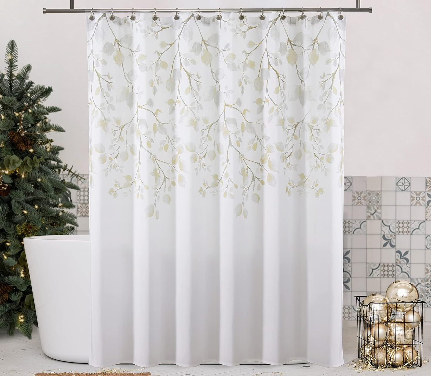Central Park Yellow Gold Leaf Shower Curtain Water Resistant Decorative Sweeping Floral Print Canvas Bathroom Spa Hotel Shower Curtain with Buttonholes (White, 70"x72")