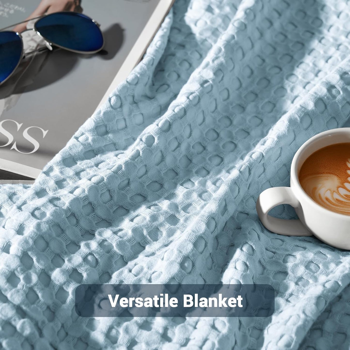 Aganear Waffle Blanket - Lightweight Breathable Summer Blanket of 50% Cotton and 50% Rayon Derived from Bamboo for Hot Sleepers Luxury Throws for Bed, Couch and Sofa,Blue,104x90 Inches