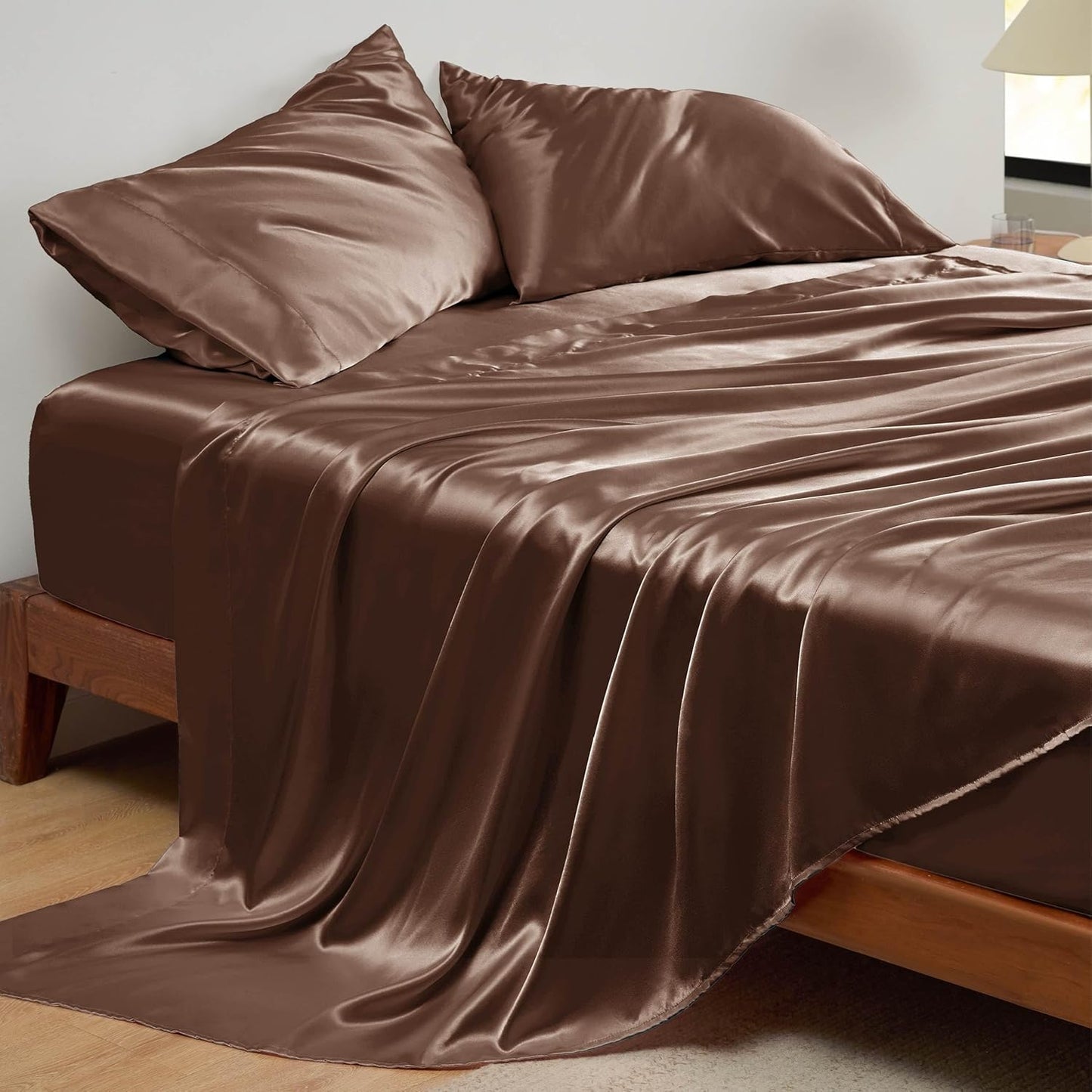 Bedsure Satin Sheets Full Size - 4 Piece Silky Bedsheets with 15 Inches Deep Pocket Fitted Bedsheet,1 Flat Sheet, 2 Satin Pillowcases, Good for Hair & Skin (Full, Coffee)