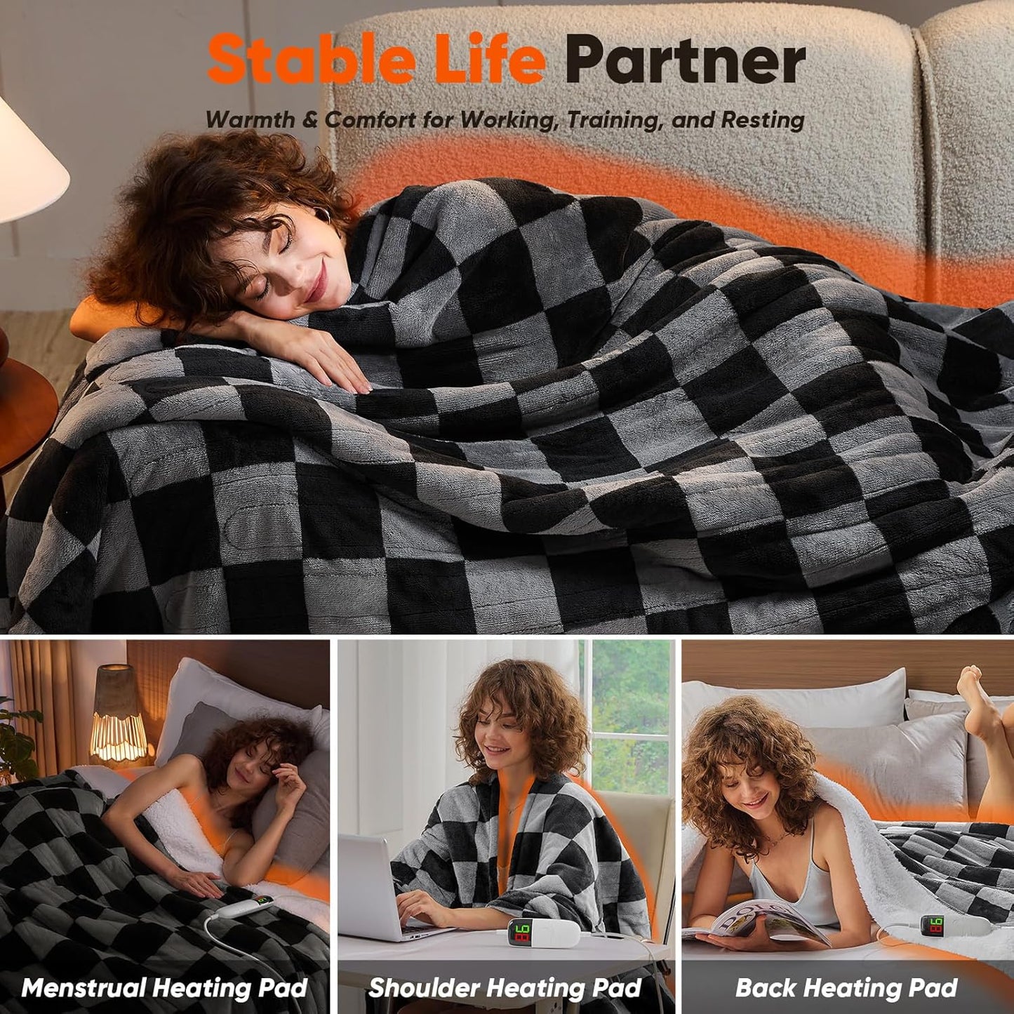 Heated Electric Blanketc Throw, 50X60 Heating Blanket with 10 Heat Level & 8 Hours Auto Off for Lap, Black Gray Checkered Plaid Soft Sherpa Blankets Warmer Gifts for Couch Grandma Women Adults