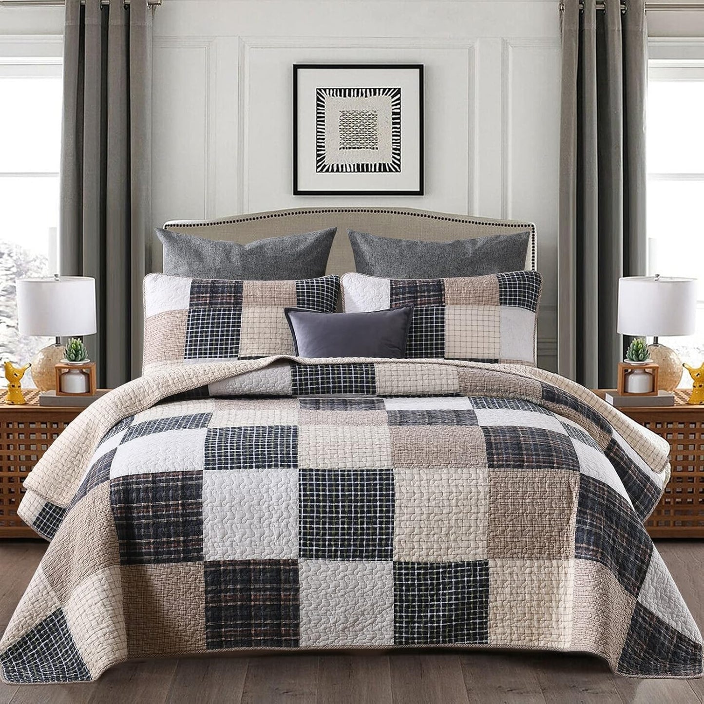 KALOOLA Patchwork King Quilt, 100% Cotton Lightweight King Size Bedspreads 3 Pieces, Tan Brown Beige King Quilt Bedding Set, Farmhouse Rustic Coverlet for All Season