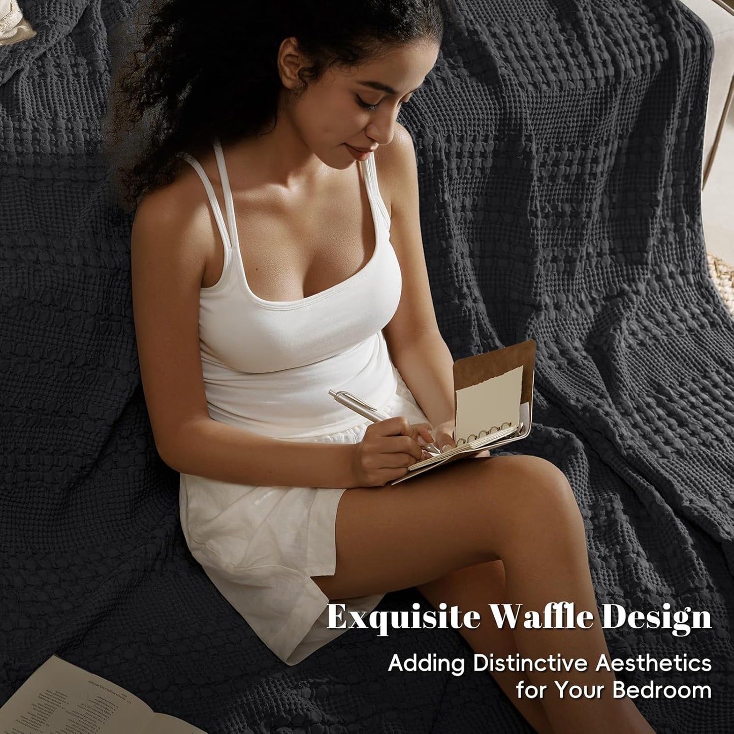 PHF 100% Cotton Waffle Weave Blanket King Size for Bed, Soft Lightweight & Breathable, All-Season Comfort, Luxury Aesthetic Woven Bedding for Home Decor, 108"x90", Black