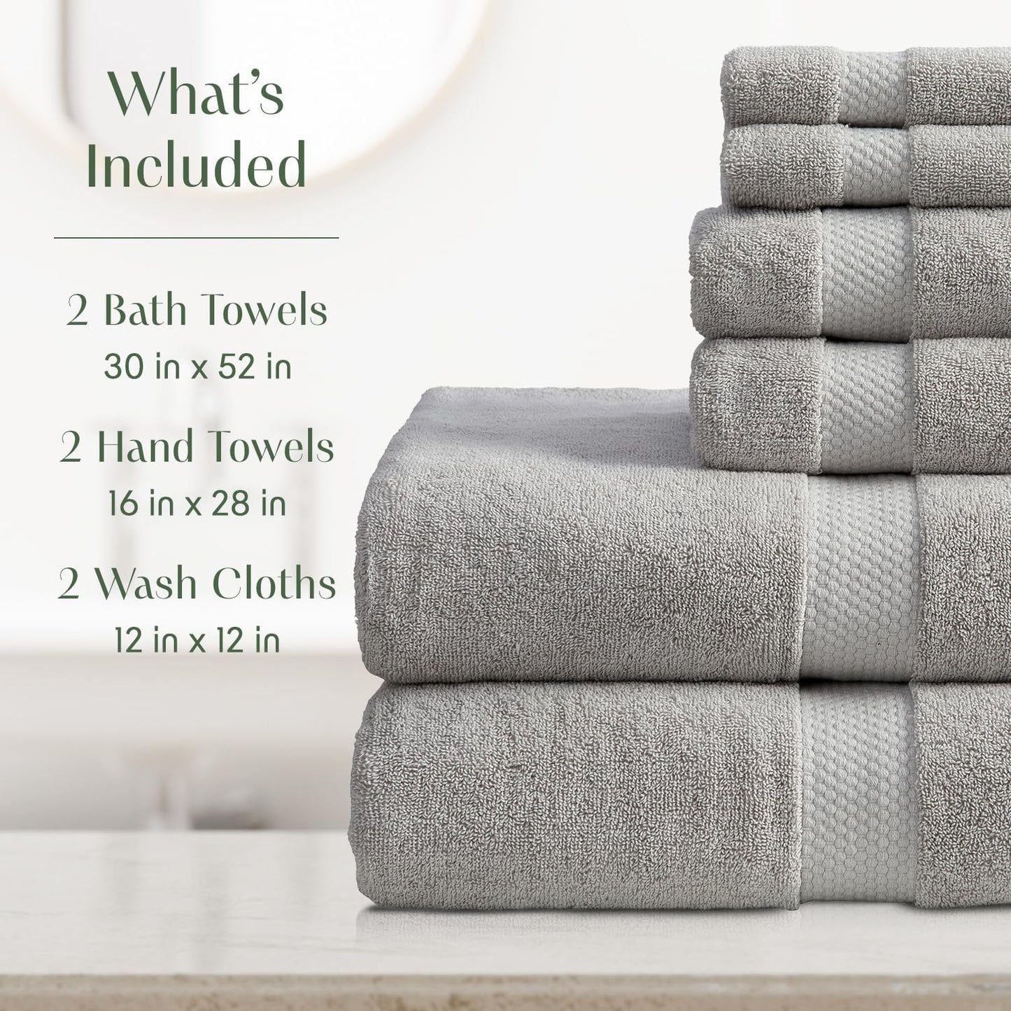Springtree Home Grey Bath Towels Set of 6 | Classic Hotel Bath Towels | 100% Combed Cotton | Absorbent Quick-Dry Gray Towels for Bathroom | Oeko-TEX® Standard 100 Cotton | Cynewski Collection - Grey